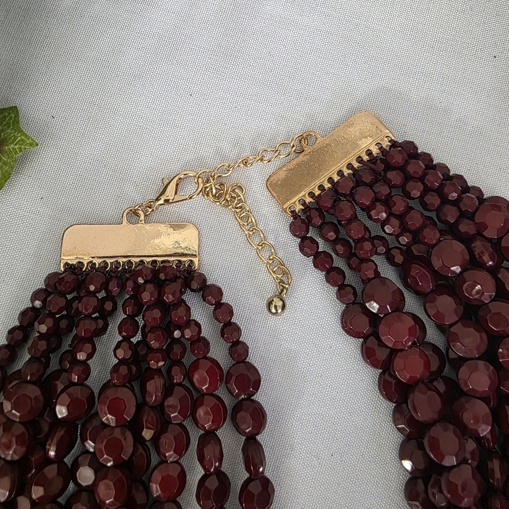 Burgundy Multi Strand Faceted Acrylic Bead Necklace and Earrings Set - Picture 4 of 15